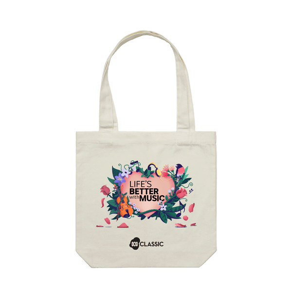 Natural ABC Classic Tote Bag with Floral Lifes Better With Music Design
